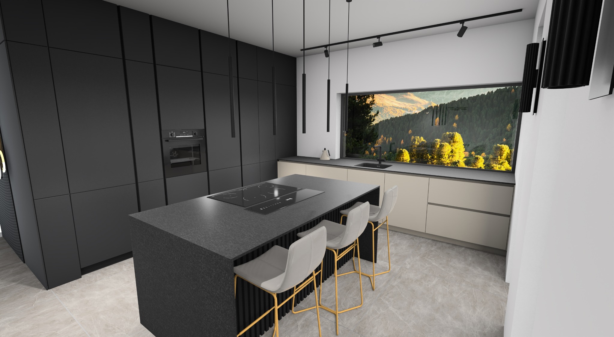 Wizualizacja nowoczesnej kuchni z czarnymi szafkami i wyspą z płytą indukcyjną, widok na krajobraz za oknem, trzy krzesła barowe z złotymi nogami.