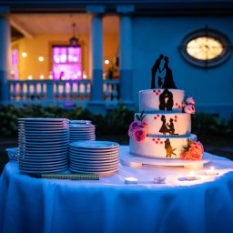 Phost Events - Trzypiętrowy tort weselny z sylwetkami pary młodej i rodziny, zdobiony różami i serduszkami, stoi na stole przykrytym białym obrusem, obok ułożone w stosy talerze, oświetlony świecami, z budynkiem...