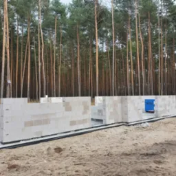 Wznoszone ściany parteru domu z betonu komórkowego Silka na fundamencie, w tle las sosnowy.