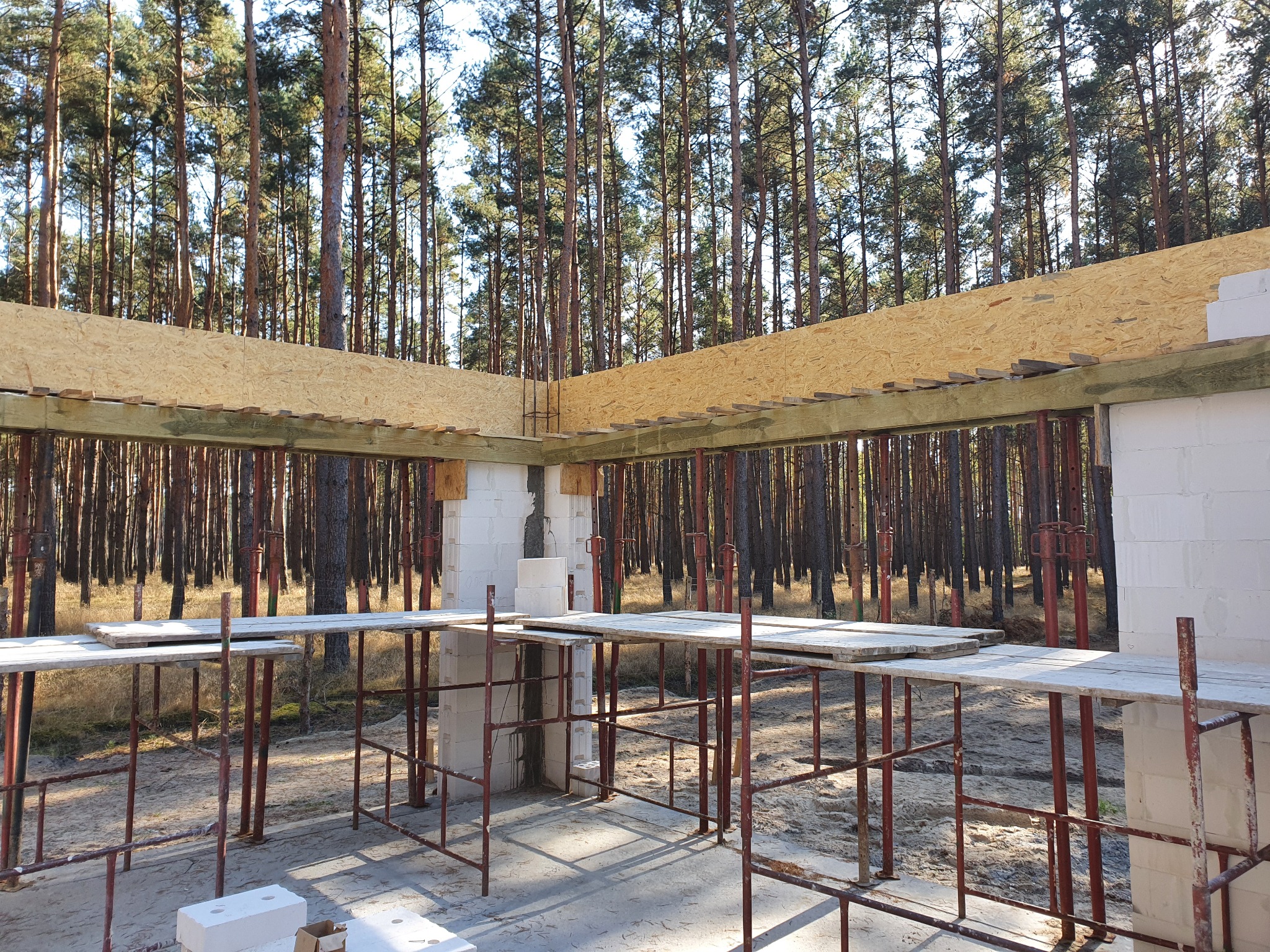 Wznoszenie ścian domu z bloczków, widoczne szalunki stropu z desek OSB, rusztowanie robocze i las w tle.