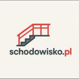 Ilustracja schodów z czerwoną balustradą i adresem schodowisko.pl. Grafika w stylu ikony prezentuje firmę zajmującą się schodami.