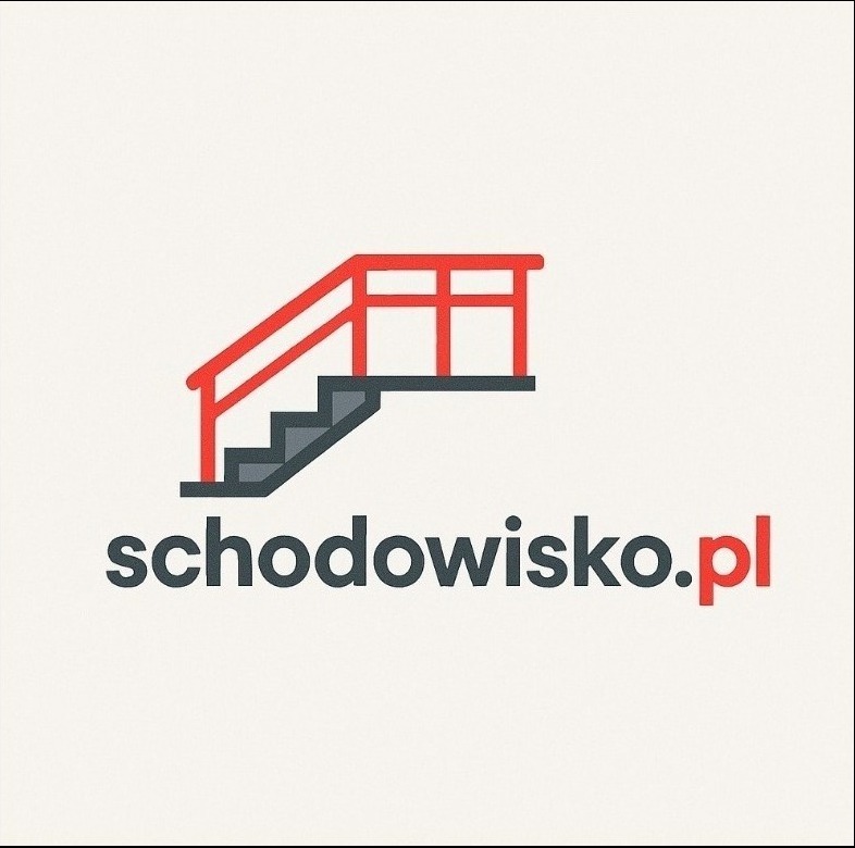 Ilustracja schodów z czerwoną balustradą i adresem schodowisko.pl. Grafika w stylu ikony prezentuje firmę zajmującą się schodami.