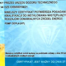 Posiadamy Certyfikat UDT do montażu pomp ciepła.