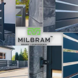 Kolaż prezentujący nowoczesne, przesuwne bramy i ogrodzenia metalowe firmy Milbram, z detalami konstrukcyjnymi i wykończeniowymi.