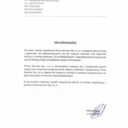 Skan dokumentu z listem referencyjnym dla firmy Sonnari Sp. z o.o., wystawionym przez DISAR Sp&oacute;łka z ograniczoną odpowiedzialnością, z adresem, numerami NIP, REGON i KRS oraz podpisem Prezesa Zarządu.