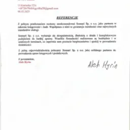 Skan dokumentu referencyjnego dla firmy Sonnari Sp. z o.o. w zakresie księgowości i kadr, podpisany przez Aleh Hyrin z adresem i datą 08.02.2025.