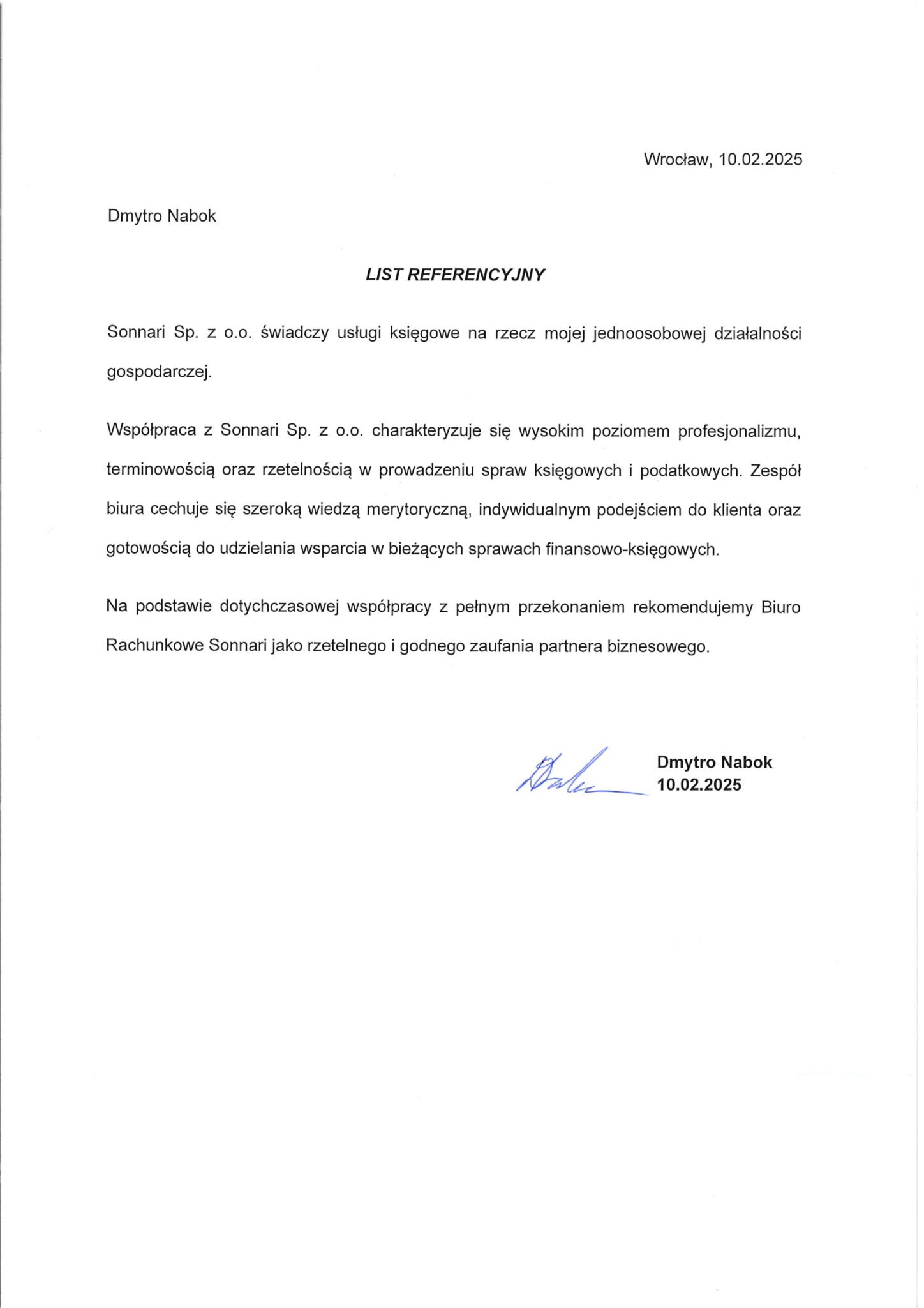 Skan listu referencyjnego dla biura rachunkowego Sonnari Sp. z o.o. z podpisem i datą wystawienia 10.02.2025.