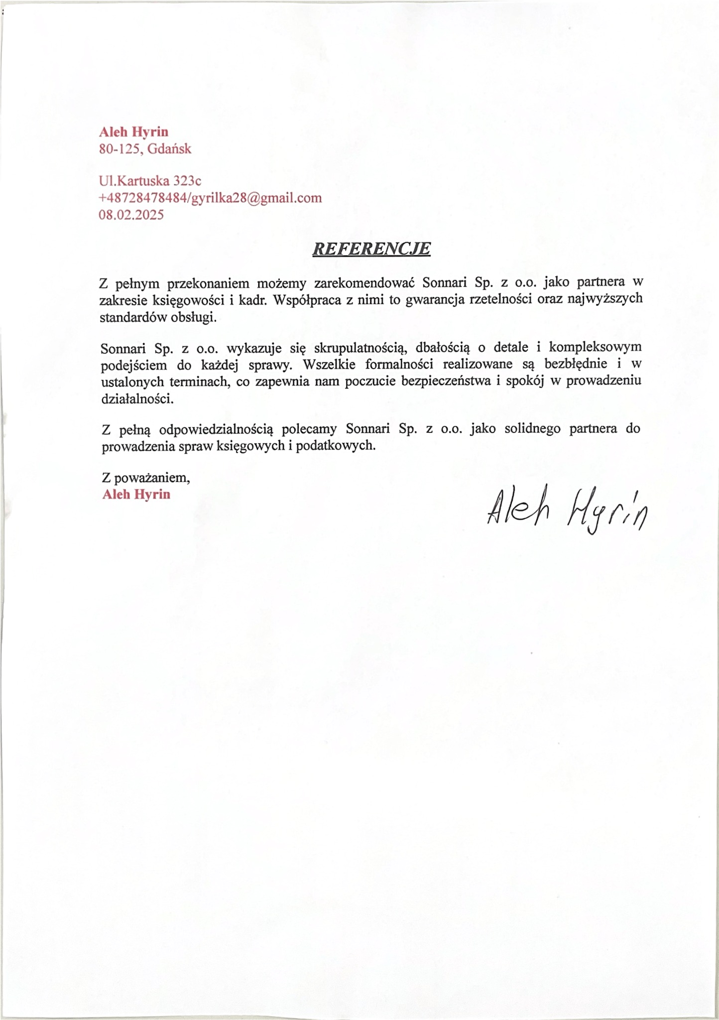 Skan dokumentu referencyjnego dla firmy Sonnari Sp. z o.o. w zakresie księgowości i kadr, podpisany przez Aleh Hyrin z adresem i datą 08.02.2025.