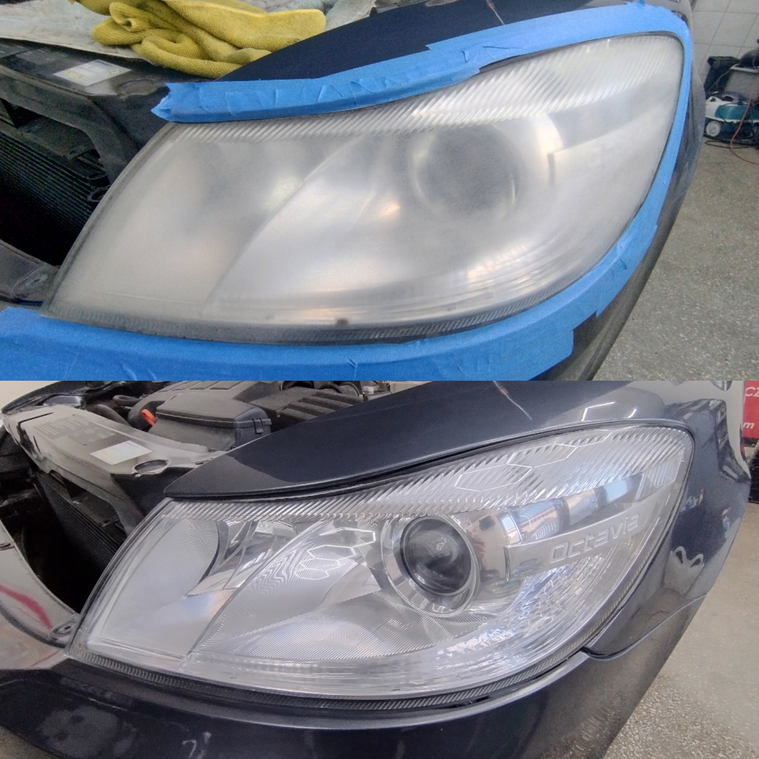 Reflektor samochodowy przed i po polerowaniu, zabezpieczony niebieską taśmą. Widoczna różnica w przejrzystości klosza.