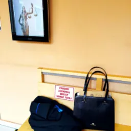 Poczekalnia w sądzie: toga adwokacka z niebieskimi lamówkami, czarna torebka Wittchen z dokumentami na drewnianej ławce, na ścianie monitor z Themis i napisem 'Sala 230'