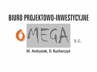 Logo biura projektowo-inwestycyjnego Omega S.C. z pomarańczowym elementem graficznym po lewej stronie i nazwiskami M. Andrysiak, D. Kucharczyk poniżej.
