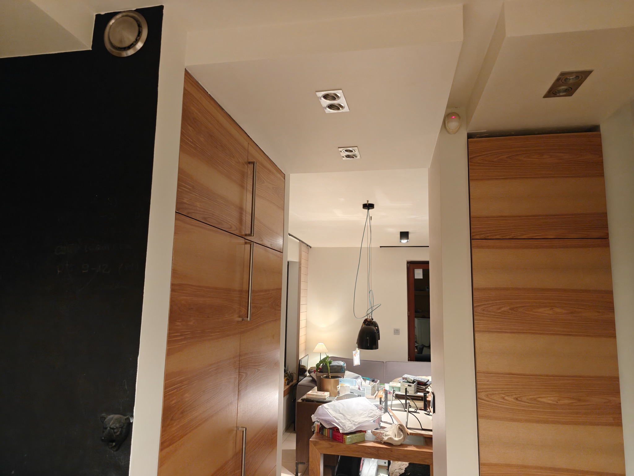 Nowoczesne wnętrze z drewnianą zabudową: szafy z jasnego drewna, czarna tablica z napisem i metalowym uchwytem w kształcie głowy zwierzęcia, widok na salon z lampą.