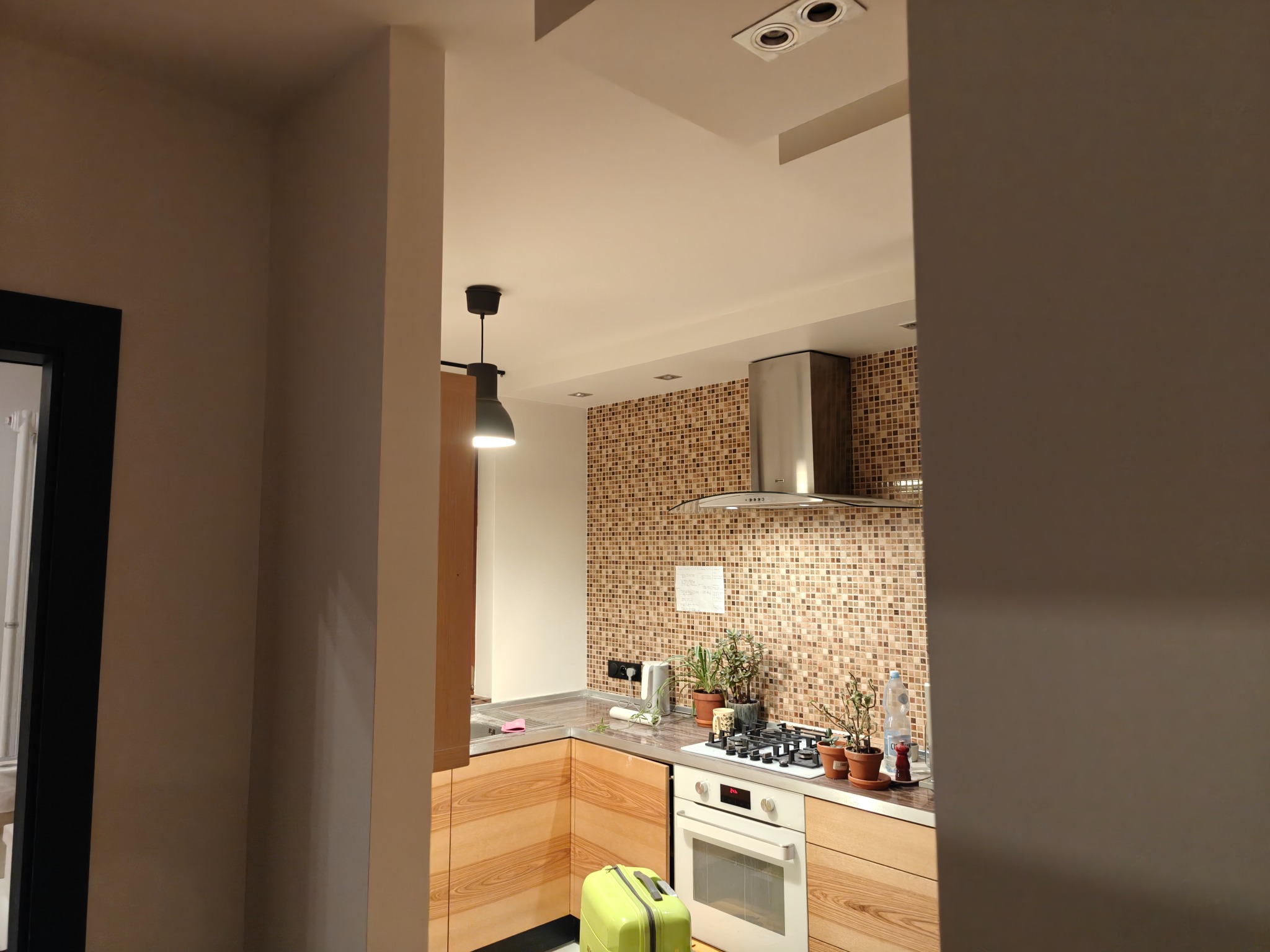 Jasna kuchnia z drewnianymi szafkami, mozaiką na ścianie i nowoczesnym okapem. Na blacie rośliny w doniczkach. W tle widoczny fragment salonu z lampą.