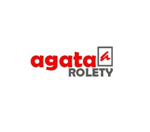 Logo firmy Agata Rolety z czerwonym napisem 'agata' i szarym kwadratem z symbolem rolety nad słowem 'ROLETY'.