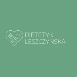 Logo z nazwą Dietetyk Leszczyńska, grafika serca z widelcem i łyżką w środku, na zielonym tle.