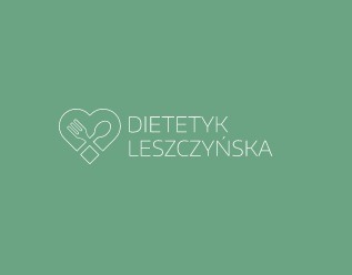 Logo z nazwą Dietetyk Leszczyńska, grafika serca z widelcem i łyżką w środku, na zielonym tle.