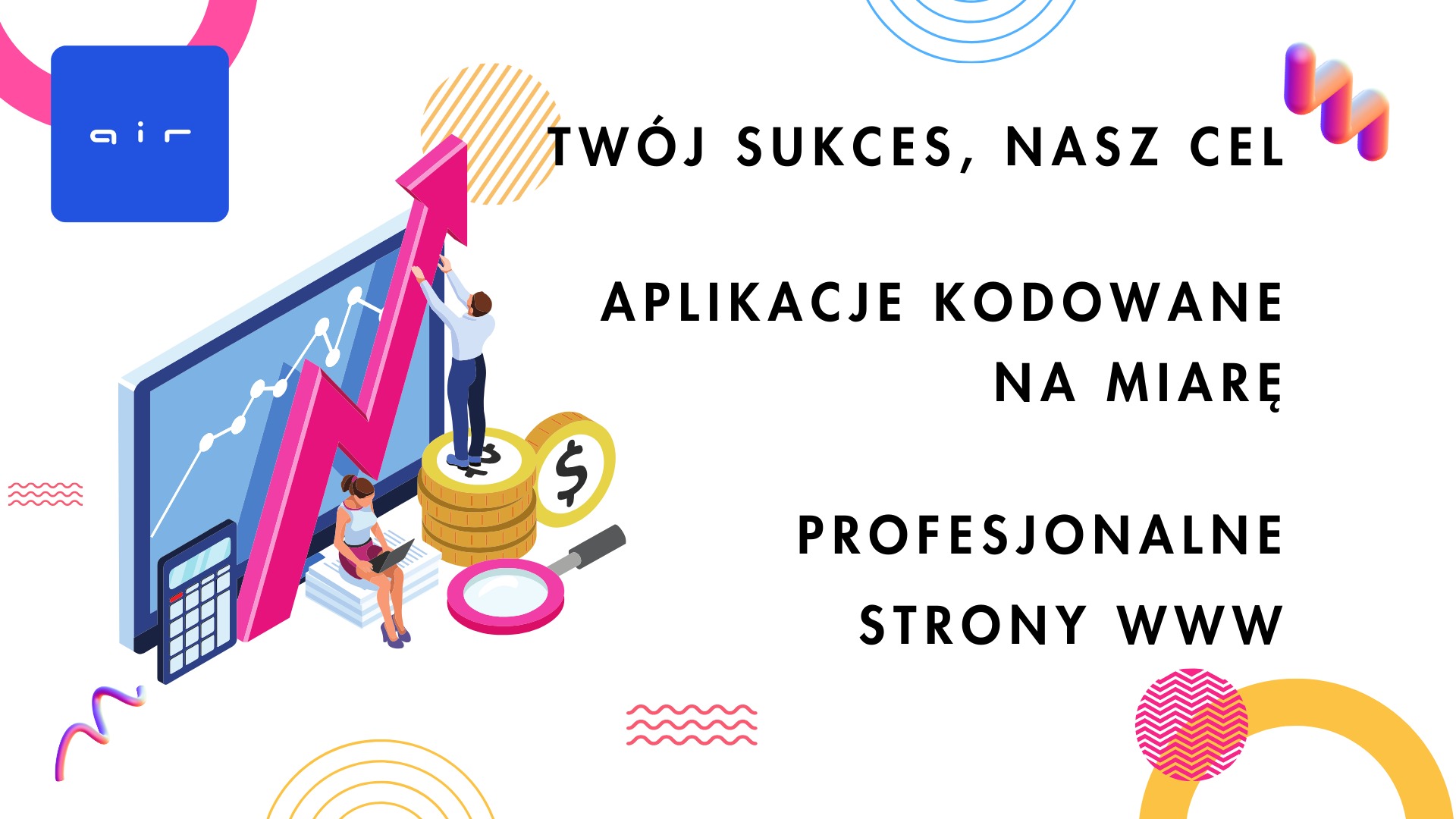 Ilustracja wektorowa przedstawiająca wzrost finansowy: mężczyzna wspina się po rosnącym wykresie na monitorze, kobieta siedzi na stosie dokumentów z laptopem, obok kalkulator, lupa i monety...