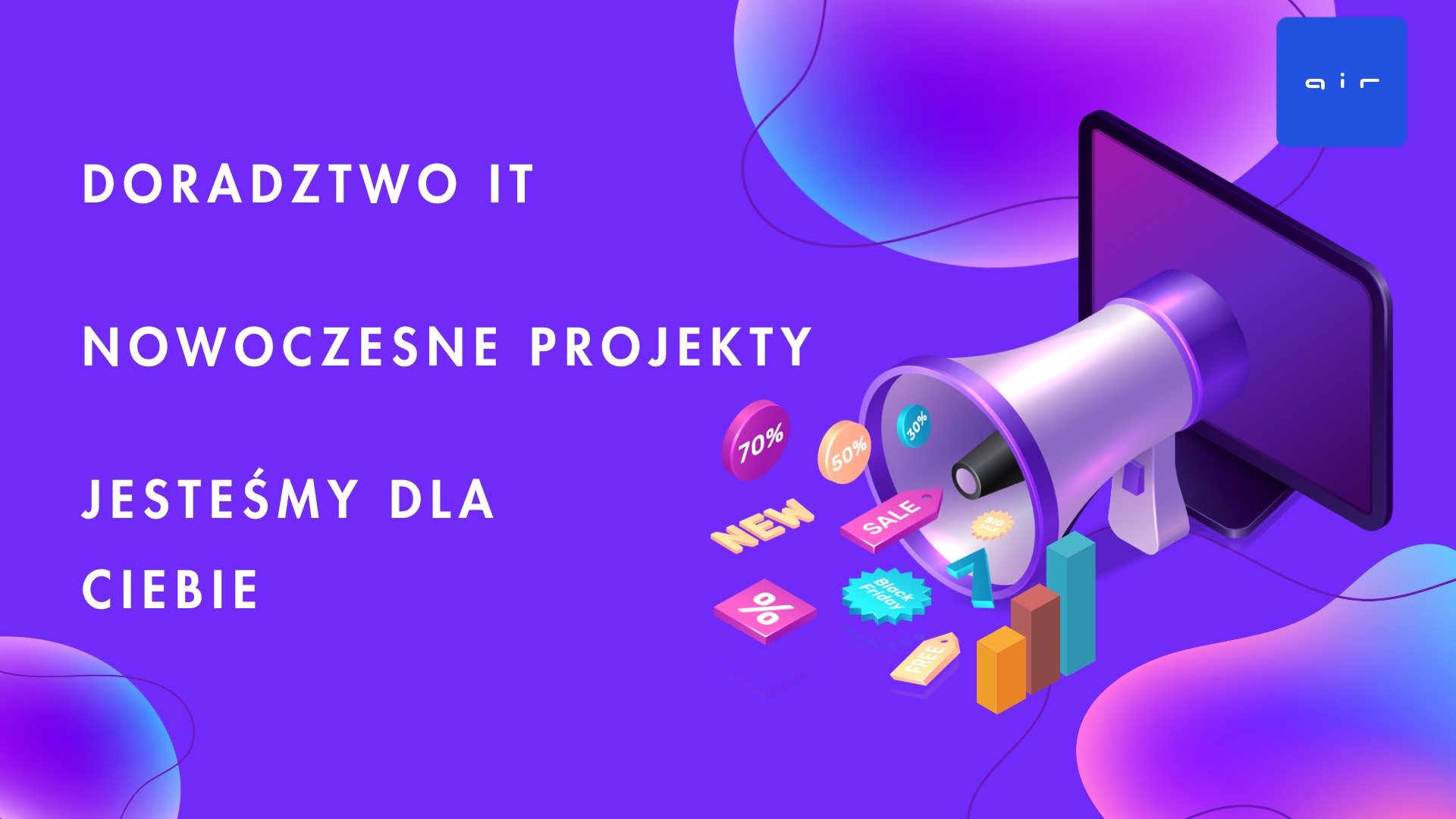 Grafika wektorowa przedstawiająca monitor, megafon i ikony związane z promocjami i sprzedażą, na fioletowym tle z tekstem 'Doradztwo IT, Nowoczesne projekty, Jesteśmy dla Ciebie' sugerująca ofertę...