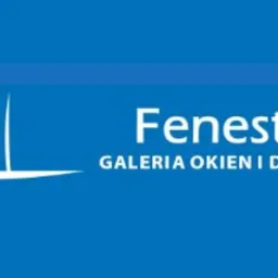 Logo firmy Fenestra Galeria Okien i Drzwi na niebieskim tle, z sylwetką siedzącego kota w oknie.