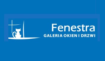 Logo firmy Fenestra Galeria Okien i Drzwi na niebieskim tle, z sylwetką siedzącego kota w oknie.
