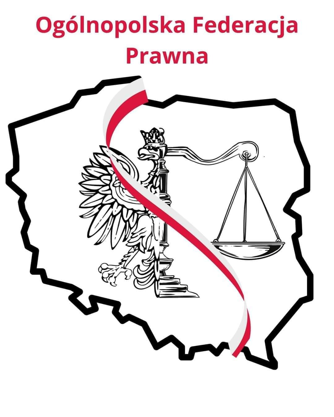 Logo Ogólnopolskiej Federacji Prawnej z konturem mapy Polski, orłem w koronie i wagą sprawiedliwości, przewiązane biało-czerwoną wstęgą.