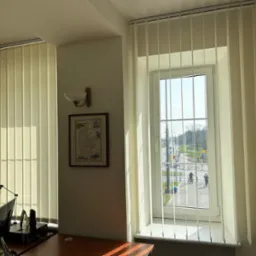 Kremowe pionowe lamele okienne w biurze, widok na ulicę przez okno, oświetlenie słoneczne.