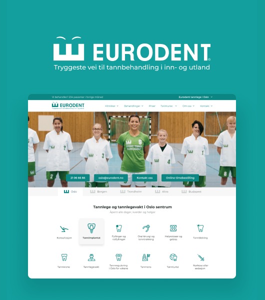 Prezentacja strony internetowej Eurodent, norweskiej sieci klinik stomatologicznych z oddziałami w Oslo, Bergen, Trondheim, Alta i Budapeszcie, z widocznym logo i zakładkami nawigacyjnymi.