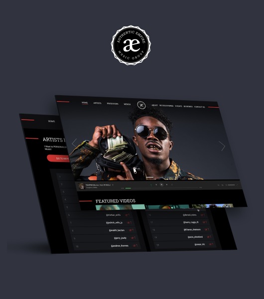 Prezentacja strony internetowej Authentic Empire Music Group z raperem trzymającym portfel pełen pieniędzy, na ciemnym tle z logo firmy.