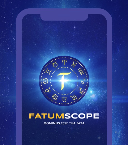 Ekran smartfona wyświetlający aplikację Fatumscope z logo w kształcie litery F otoczonej symbolami zodiaku na tle rozgwieżdżonego nieba.