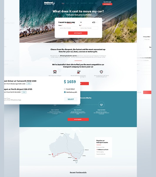 Strona internetowa australijskiej firmy transportowej National Car Movers, z formularzem wyceny, mapą tras i sekcją opinii klientów.