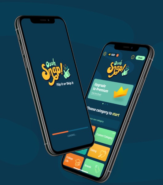 Dwa smartfony z aplikacją Oooh Snap! wyświetlające różne ekrany: jeden z ekranem ładowania, drugi z opcjami wyboru kategorii, takimi jak 'College Life', 'Dating' i 'Brands'.