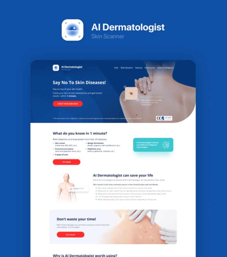 Strona internetowa aplikacji AI-Dermatologist do skanowania skóry, prezentująca interfejs użytkownika z hasłem 'Say No To Skin Diseases!', wizualizacją skanowania znamienia na plecach...