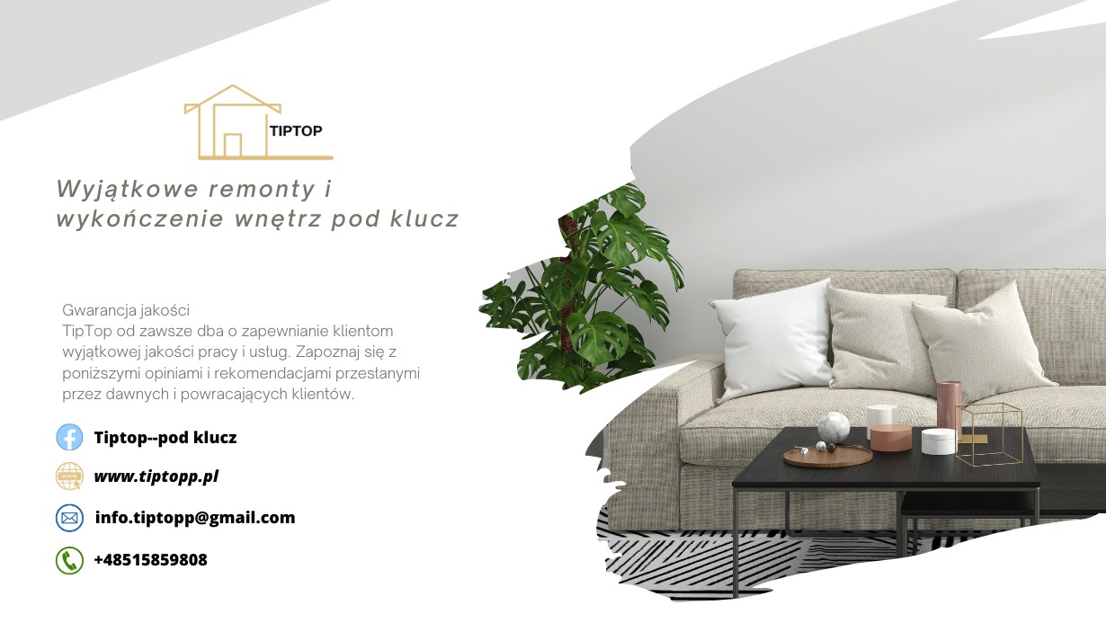 Grafika reklamowa firmy TipTop prezentująca aranżację wnętrza z beżową sofą, stolikiem kawowym i rośliną doniczkową na tle białej ściany.