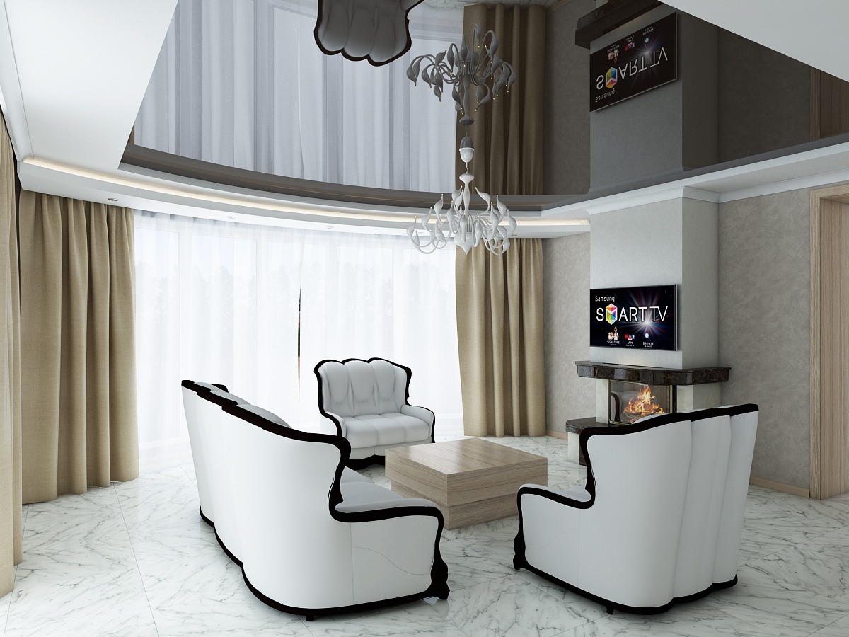 Elegancki salon z marmurową podłogą, białymi meblami z czarnymi obramowaniami, kominkiem z telewizorem Smart TV i lustrzanym sufitem z ozdobnym żyrandolem.