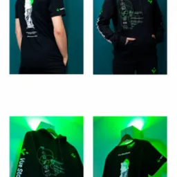 Kolaż prezentujący czarne ubrania (T-shirt i bluza z kapturem) z zielonymi nadrukami, w tym logo Vue Storefront i grafiki związane z programowaniem.