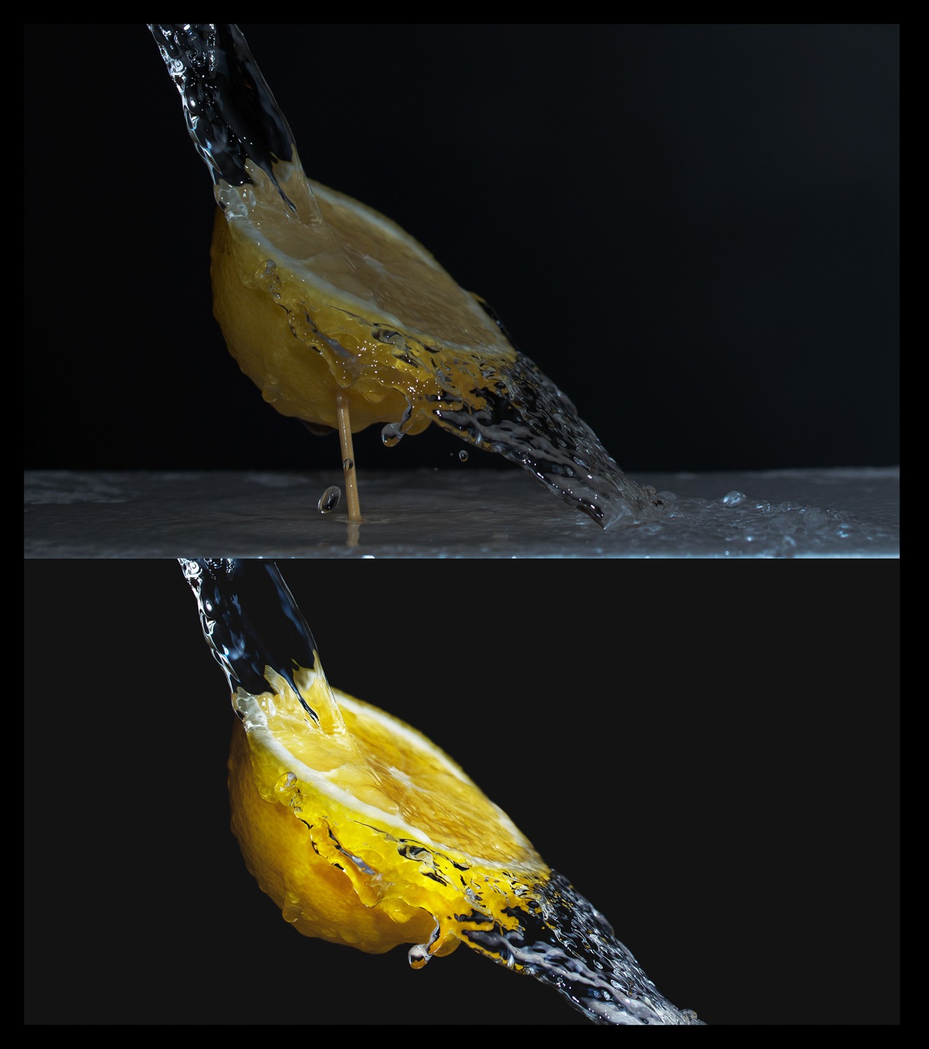 Przekrojona cytryna podparta wykałaczką, oblewana strumieniem wody na ciemnym tle, ukazana w dwóch wariantach o różnym oświetleniu.