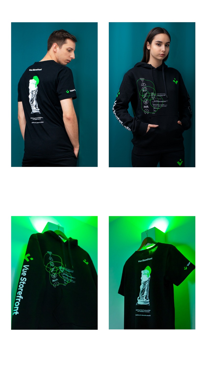 Kolaż prezentujący czarne ubrania (T-shirt i bluza z kapturem) z zielonymi nadrukami, w tym logo Vue Storefront i grafiki związane z programowaniem.