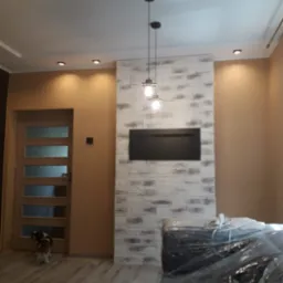 Salon po remoncie z dekoracyjną ścianą z białej cegły, czarnym wkładem kominkowym i wiszącymi lampami, częściowo zakryty folią mebel oraz pies przy drzwiach.