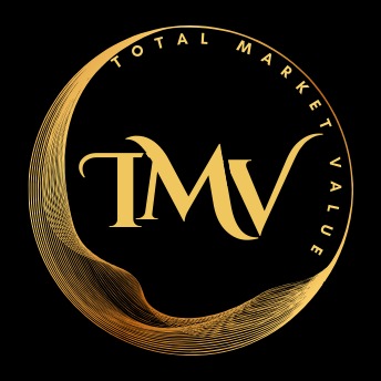 Złote logo TMV (Total Market Value) na czarnym tle, otoczone abstrakcyjną, falującą grafiką w odcieniach złota.