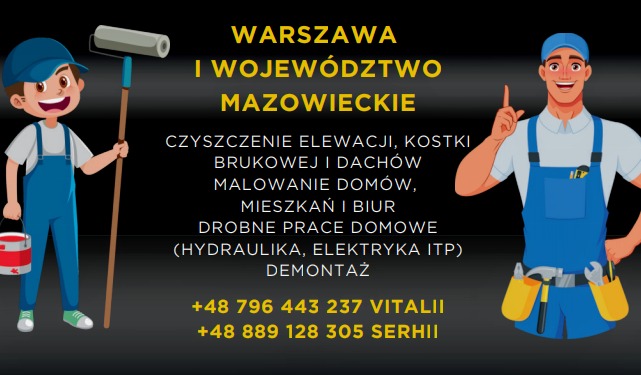 Grafika reklamowa firmy z Warszawy i województwa Mazowieckiego oferującej czyszczenie elewacji, kostki brukowej i dachów, malowanie domów, mieszkań i biur, drobne prace domowe (hydraulika...