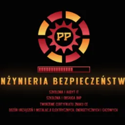 Logo firmy Inżynieria Bezpieczeństwa z grafiką koła zębatego w odcieniach czerwieni i pomarańczy, oferującej szkolenia BHP, audyt IT, tworzenie certyfikatów CE oraz dozór urządzeń elektrycznych...