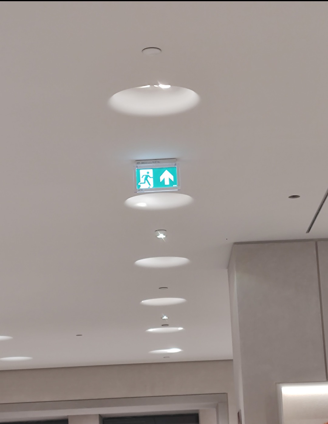 Biały sufit z rzędem okrągłych lamp i zielonym znakiem ewakuacyjnym ze strzałką w górę i sylwetką biegnącej osoby.