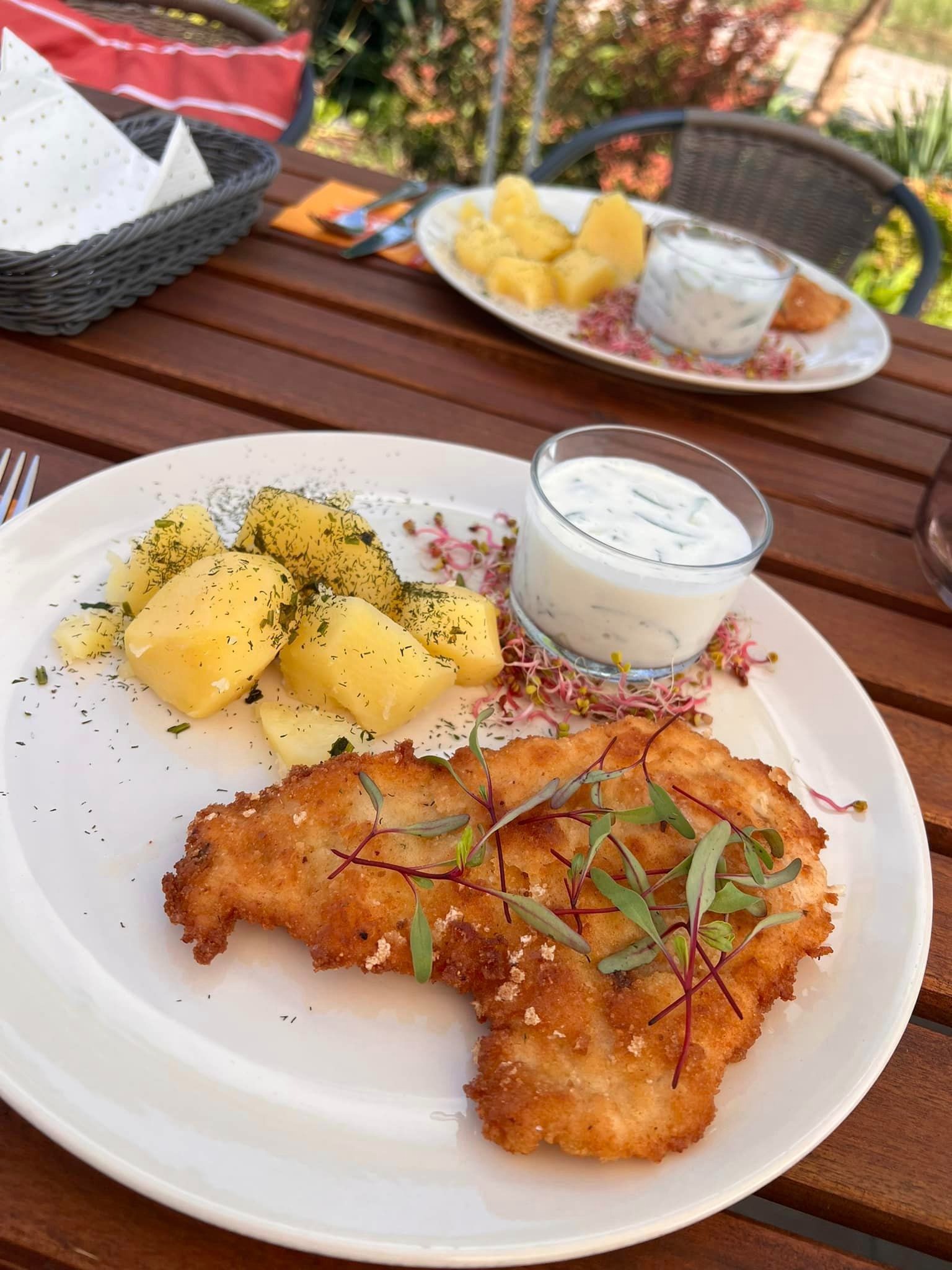 Kotlet schabowy z ziemniakami posypanymi koperkiem i sosem tzatziki w szklance, udekorowany mikrolistkami na białym talerzu, na drewnianym stole w plenerze.
