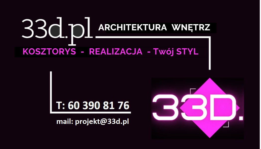 Logo firmy 33d.pl specjalizującej się w architekturze wnętrz, z informacjami kontaktowymi: numer telefonu i adres e-mail.
