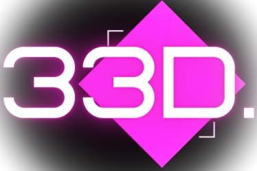 Logo 33D z białym tekstem na czarnym tle i różowym rombem w tle, otoczone delikatną białą poświatą.