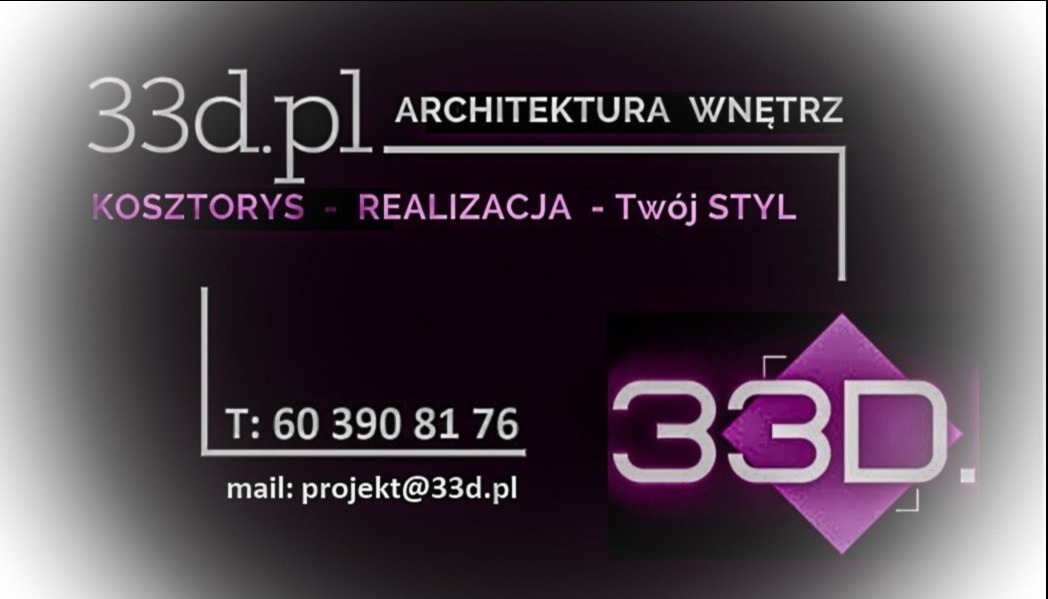 Logo firmy 33d.pl specjalizującej się w architekturze wnętrz, z informacjami kontaktowymi i hasłem 'Kosztyorys - Realizacja - Twój Styl' na ciemnofioletowym tle.