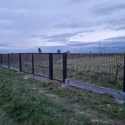 Ciemna, metalowa brama w ogrodzeniu z siatki panelowej na betonowej podmurówce, widok na pole i pochmurne niebo.