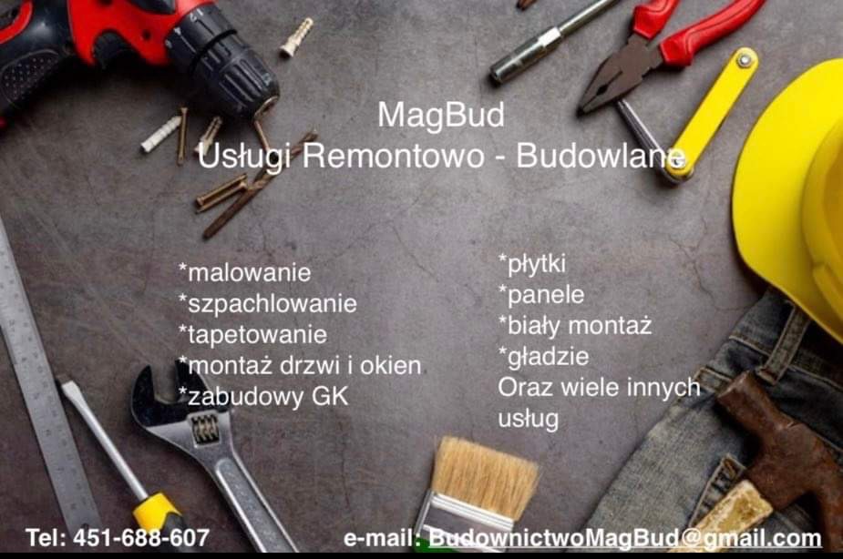 Narzędzia remontowo-budowlane, wiertarka, kombinerki, pędzel, klucz nastawny, miara, śrubokręt, młotek i kask na tle z listą usług firmy MagBud.