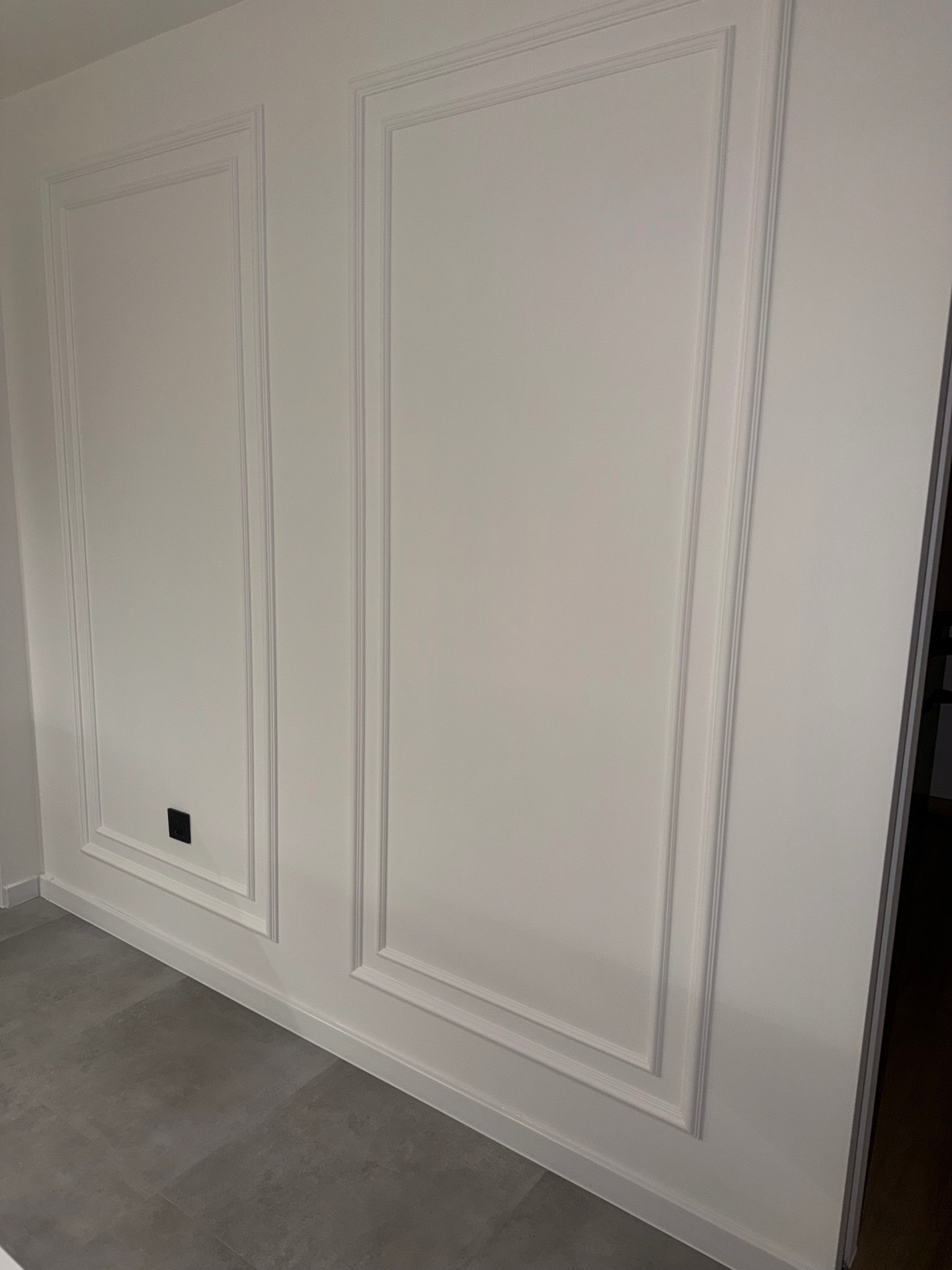 Biała ściana z dekoracyjnymi panelami w stylu klasycznym. Widoczny fragment szarej podłogi i czarne gniazdko elektryczne. Minimalistyczny design.