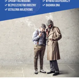 Dwóch mężczyzn w stylu retro, palących fajki, na tle ściany, z listą usług detektywistycznych i danymi kontaktowymi agencji.